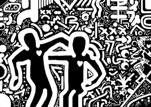 digital black-and-white drawing of two figures with their arms around each other and lots of different symbols in the background